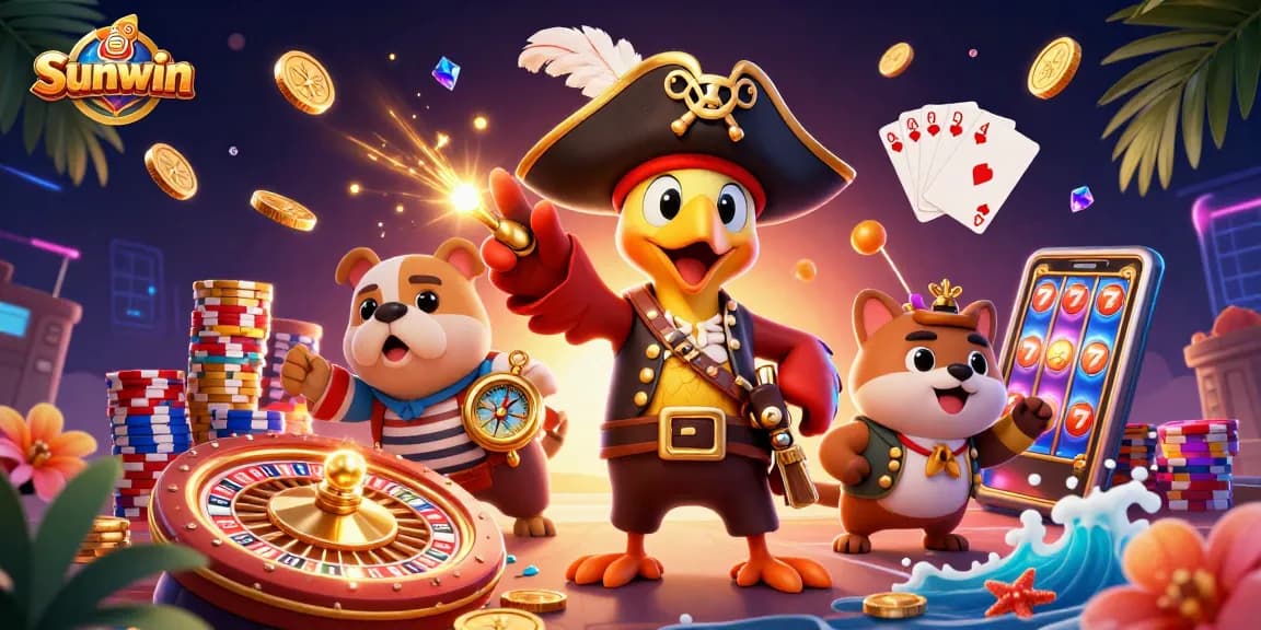 Experience thrilling wins at Sunwin, featuring pirate characters with casino elements in a vibrant 3D scene.