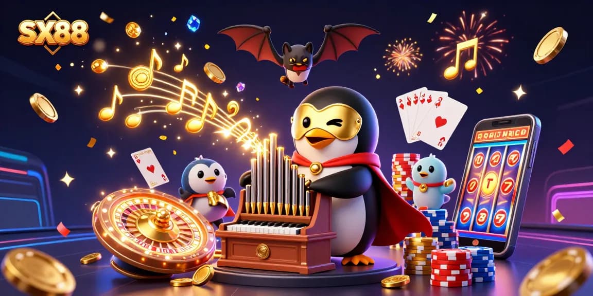 SX88 players celebrate wins as a penguin plays an organ shooting coins amidst a vivid casino scene.