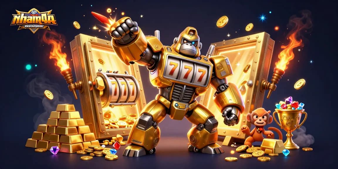 Engage with nhanquagamebai's thrilling gaming experience, featuring a dynamic golden gorilla mech and treasure in a vibrant casino setting.