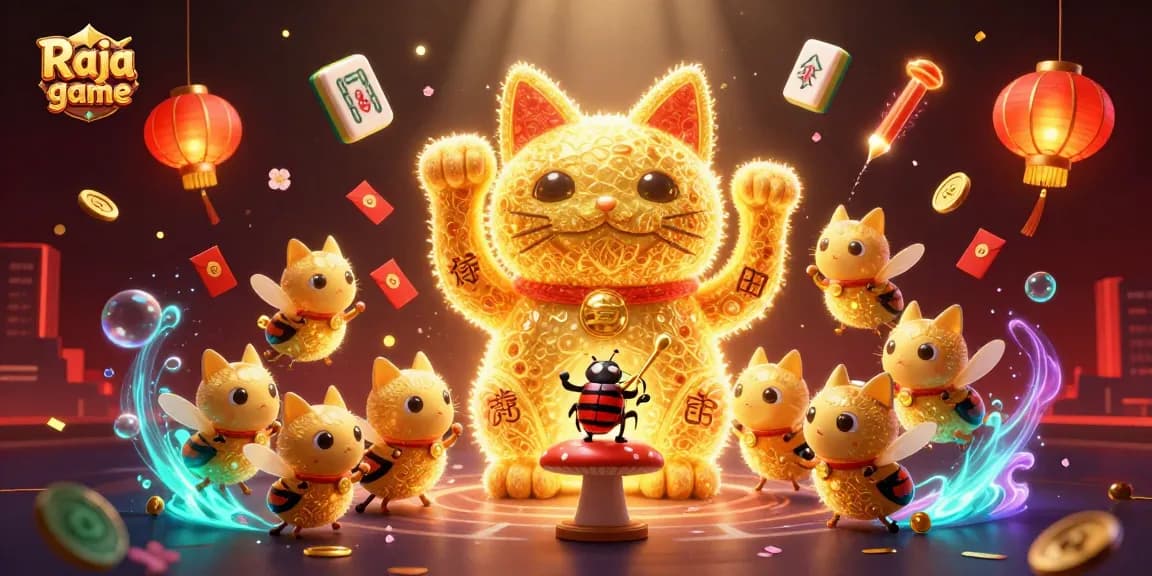 Experience thrilling Raja game action with vibrant symbols and characters in a dynamic 3D casino illustration.