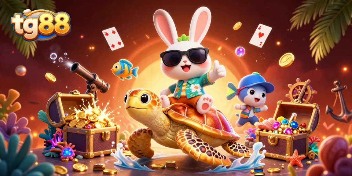 Engage with tg88's vibrant gaming experience surrounded by colorful characters and treasures in an underwater casino.