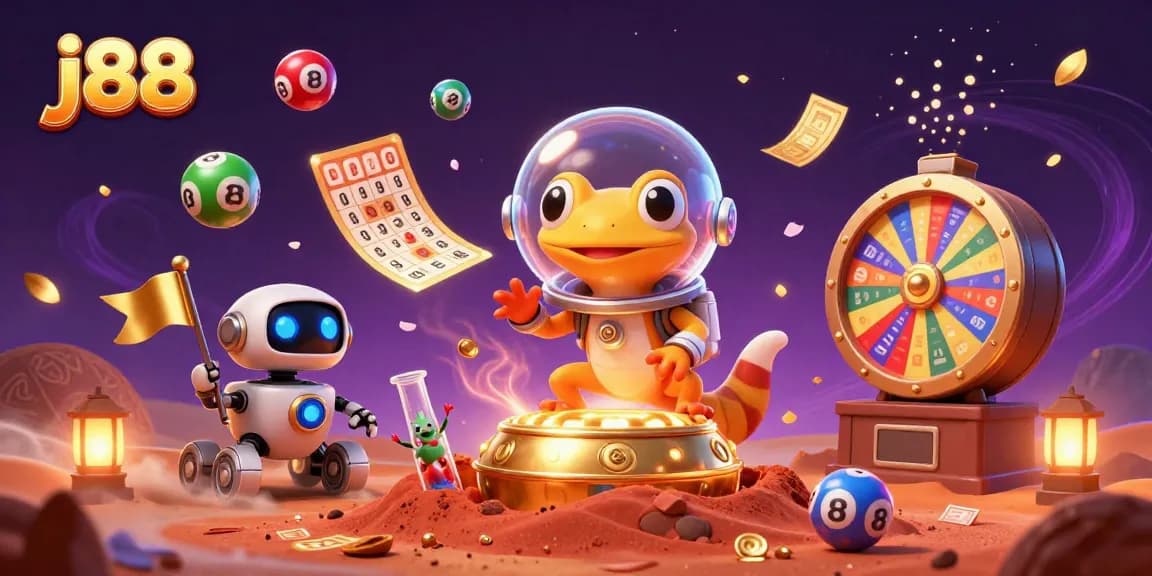 Engage with j88’s vibrant casino adventure featuring a Martian gecko and dynamic lottery elements.