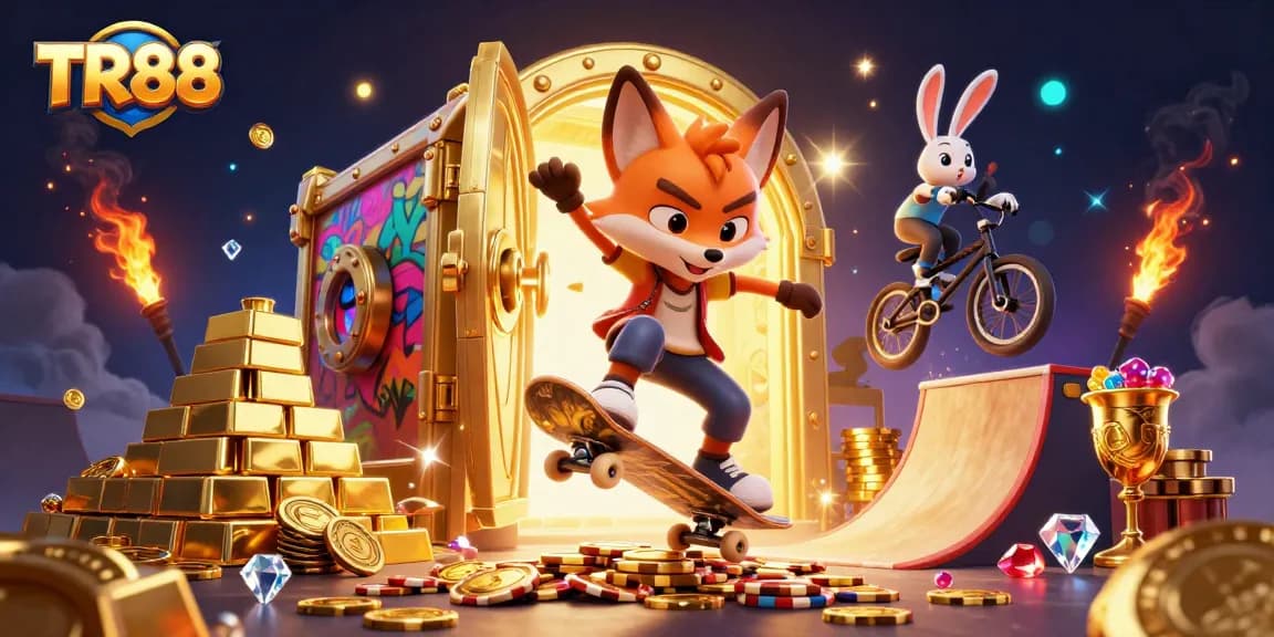 Engage in thrilling gaming at TR88 with an exciting 3D fox and rabbit illustration showcasing casino elements.