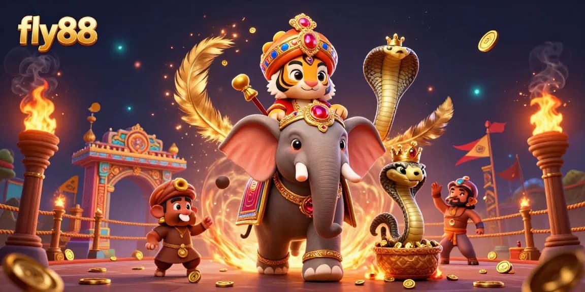Join the excitement with fly88 in this colorful scene of gaming with a maharaja tiger, elephant, and cobra.