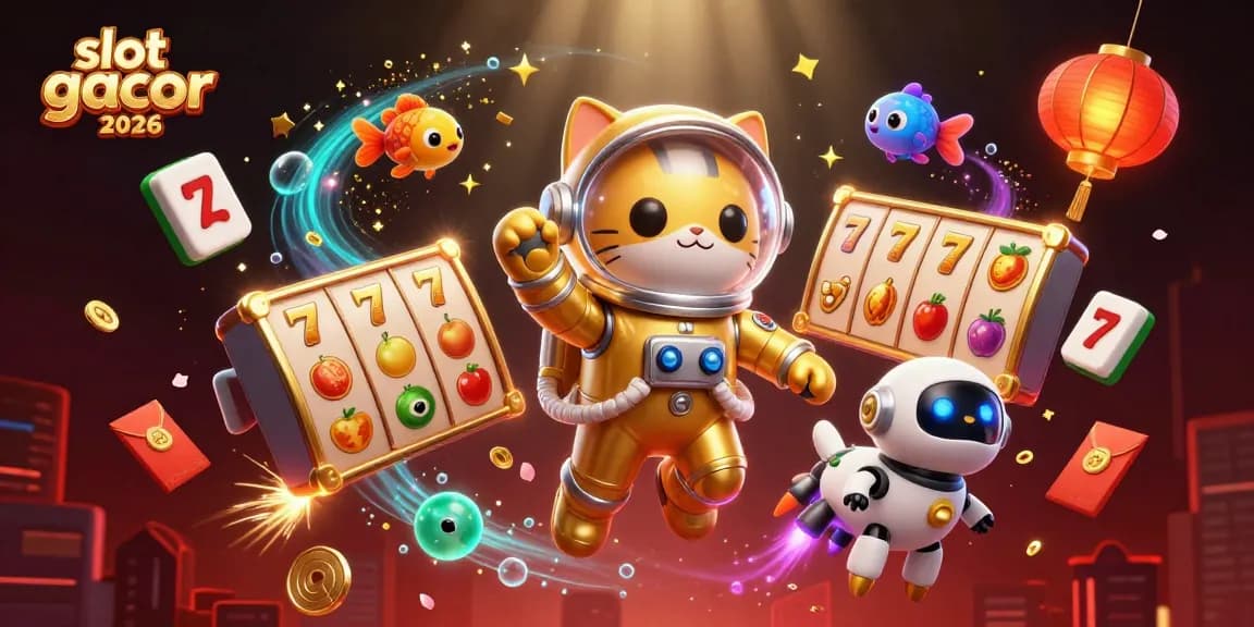 Gambarlah slot gacor 2026 dengan karakter kucing astronot dan elemen judi yang menarik.