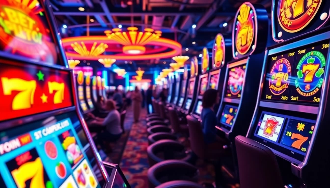 Experience the excitement of slot gambling with colorful machines spinning in a lively casino atmosphere.
