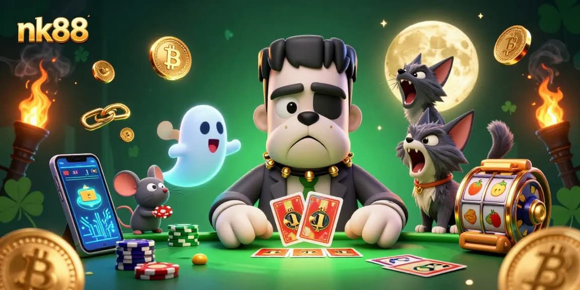 Experience nk88 with cartoon characters in a lively casino setting, highlighting crypto elements.