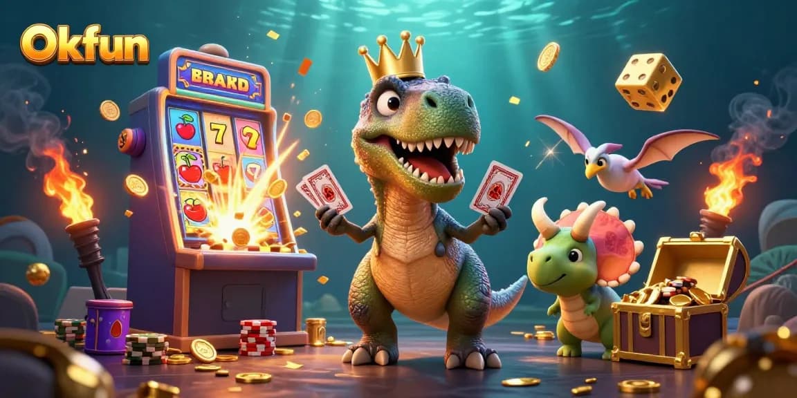 Play thrilling slot games with Okfun's animated characters showcasing excitement and jackpots.