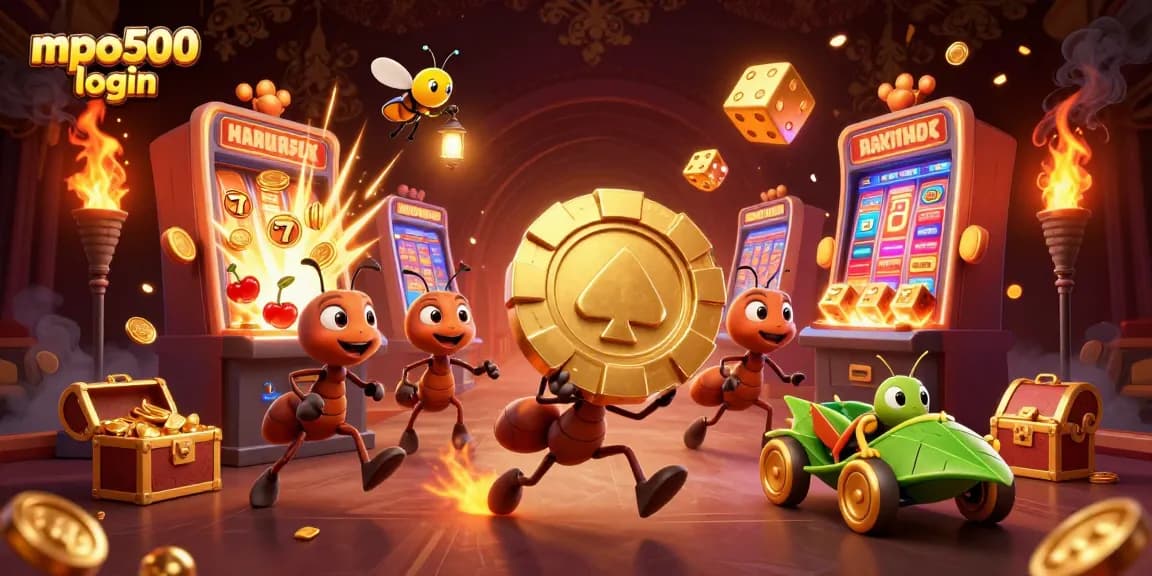 Experience the excitement of mpo500 login with a vibrant heist scene featuring ants and casino elements.