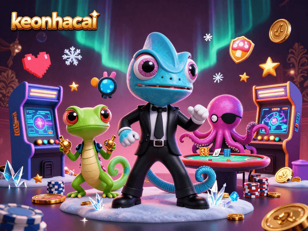 Engage with keonhacai as chameleon, gecko Q, and octopus play poker amidst dynamic arcade visuals.