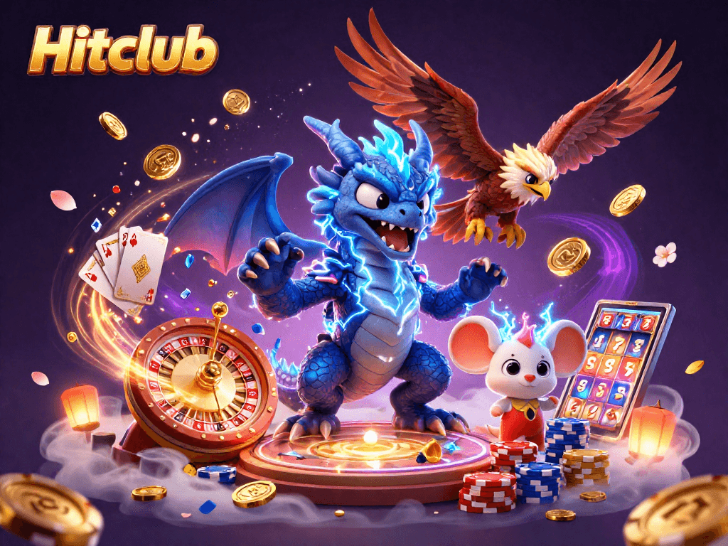 Hitclub showcases an electrifying 3D casino scene featuring a dragon, hawk, and mouse overshadowed by golden coins and cards.