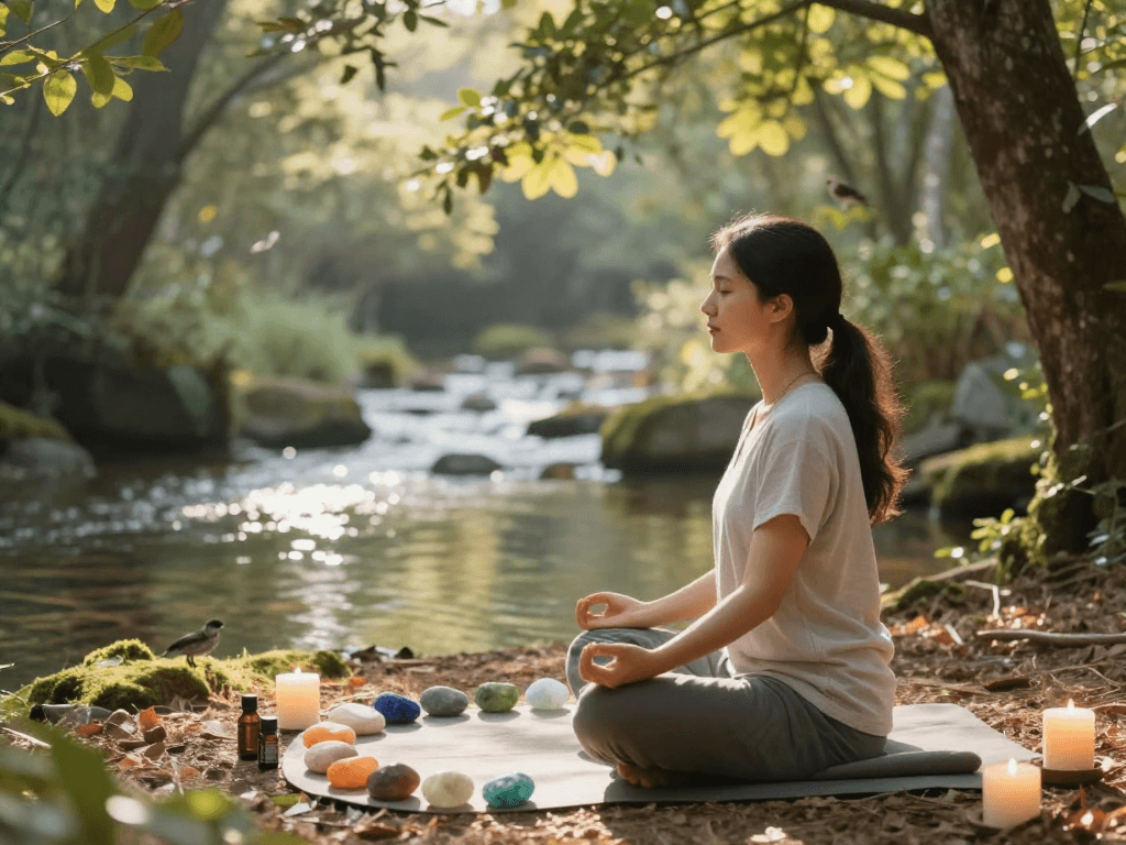 Individual meditating outdoors among nature, practicing mantra88 for wellness.