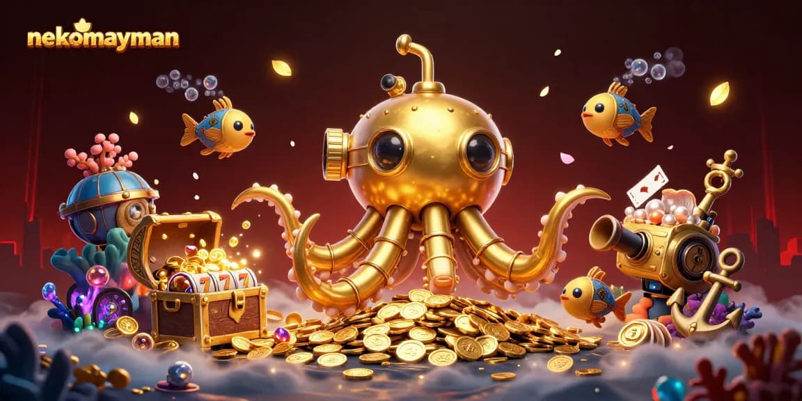 Neko May Mắn enhances gameplay with a kraken submarine surrounded by slot reels and golden coins.
