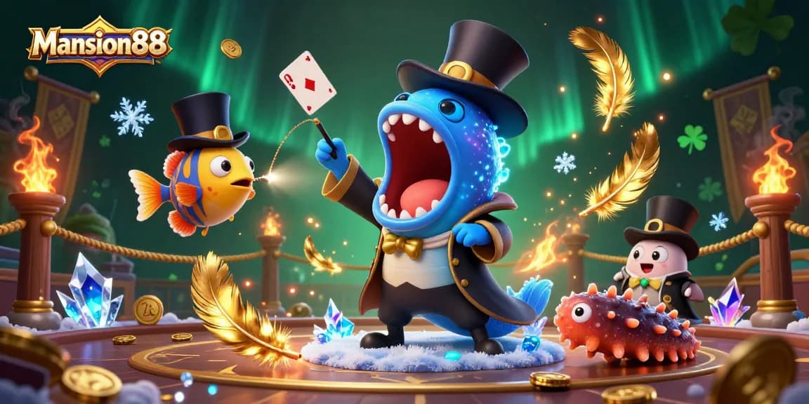 Mansion88’s lively casino scene showcases a deep-sea gulper eel performing magic tricks among gold coins and ancient elements.