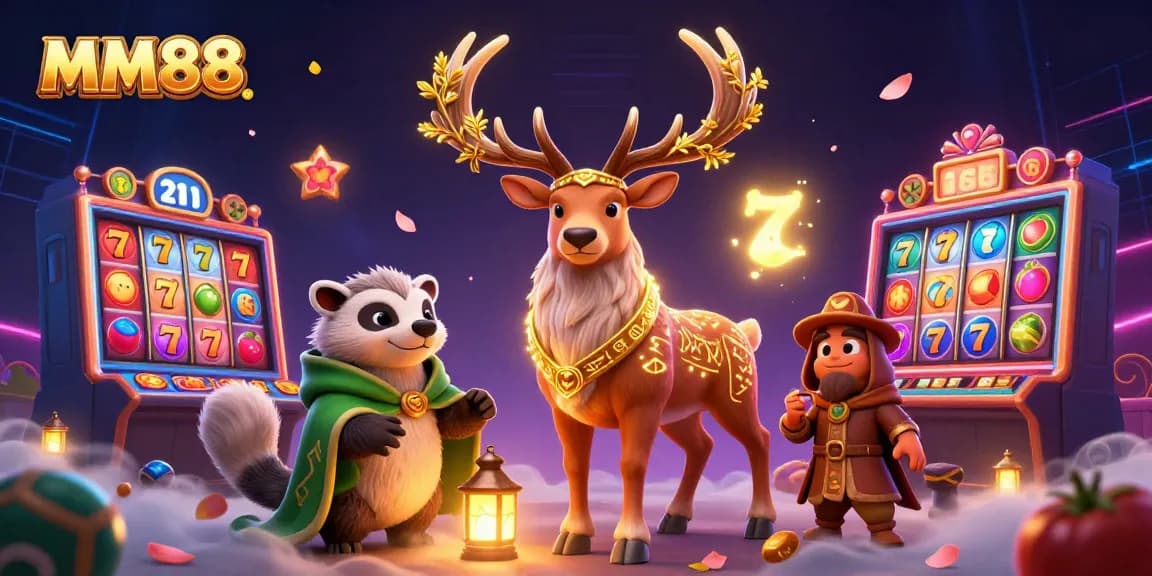 Experience winning moments at MM88 with vibrant slot reels and animated casino characters.