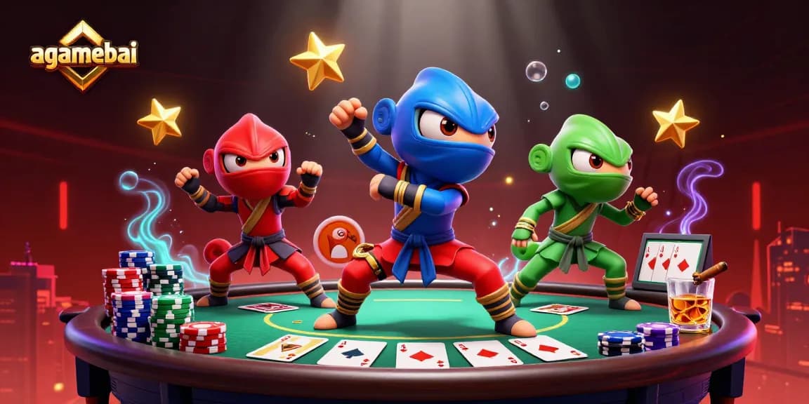 Join the agamebai chameleon team in thrilling martial arts poses while surrounded by poker action and vibrant colors.