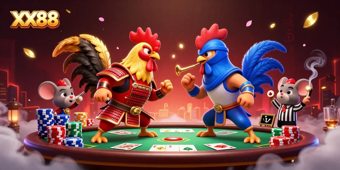 Experience the thrill of XX88's gaming with a dramatic rooster showdown in this vibrant casino illustration.