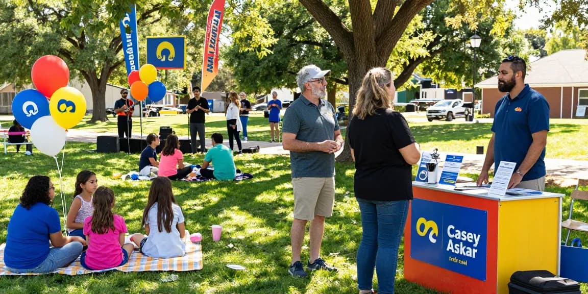 Community gathering featuring Casey Askar engaging with voters in a lively park.