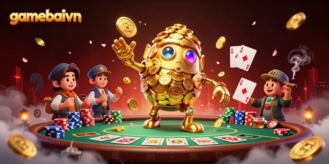 Engage in thrilling poker action with gamebaivn's impressive 3D scene featuring a golden golem.