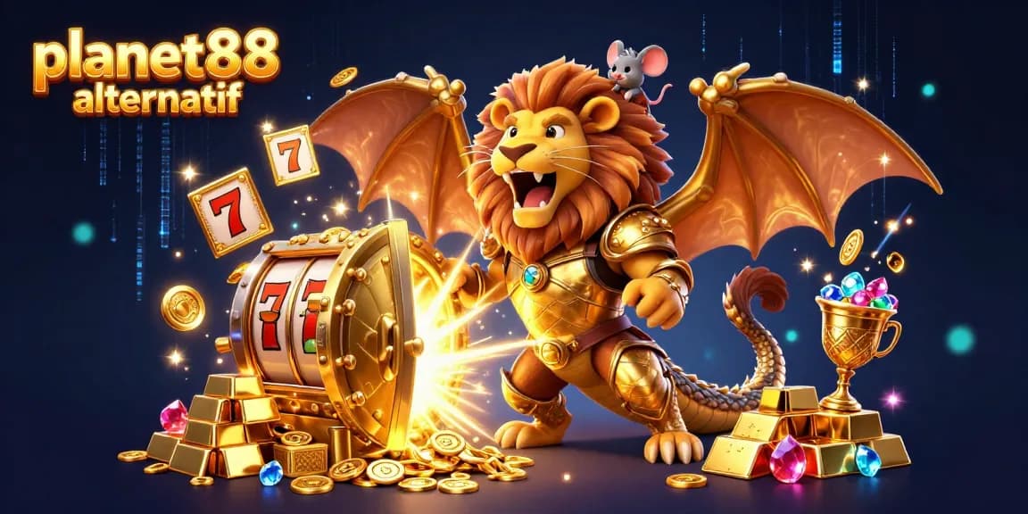 Experience thrilling wins with planet88 alternatif featuring a majestic chimera guarding treasures and slot symbols.
