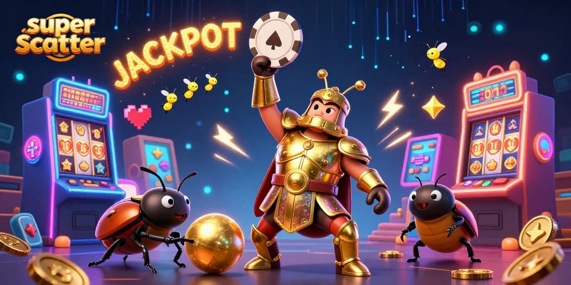 Experience the thrill of super scatter wins with vibrant slots and animated characters in a lively casino scene.