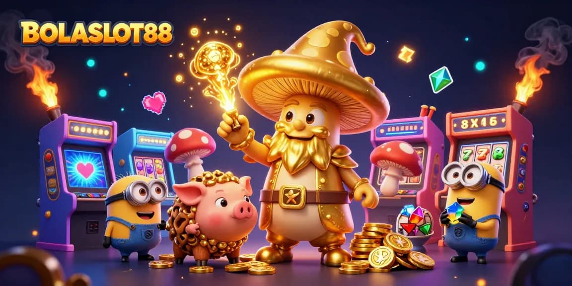 Engage with BOLASLOT88's thrilling world of slots through a vibrant cartoon scene filled with magical treasures.