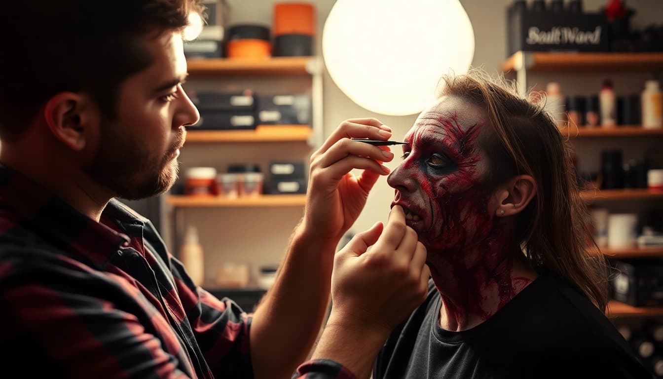 Showcasing special effects makeup Dallas TX artist creating a zombie look with detailed wounds.