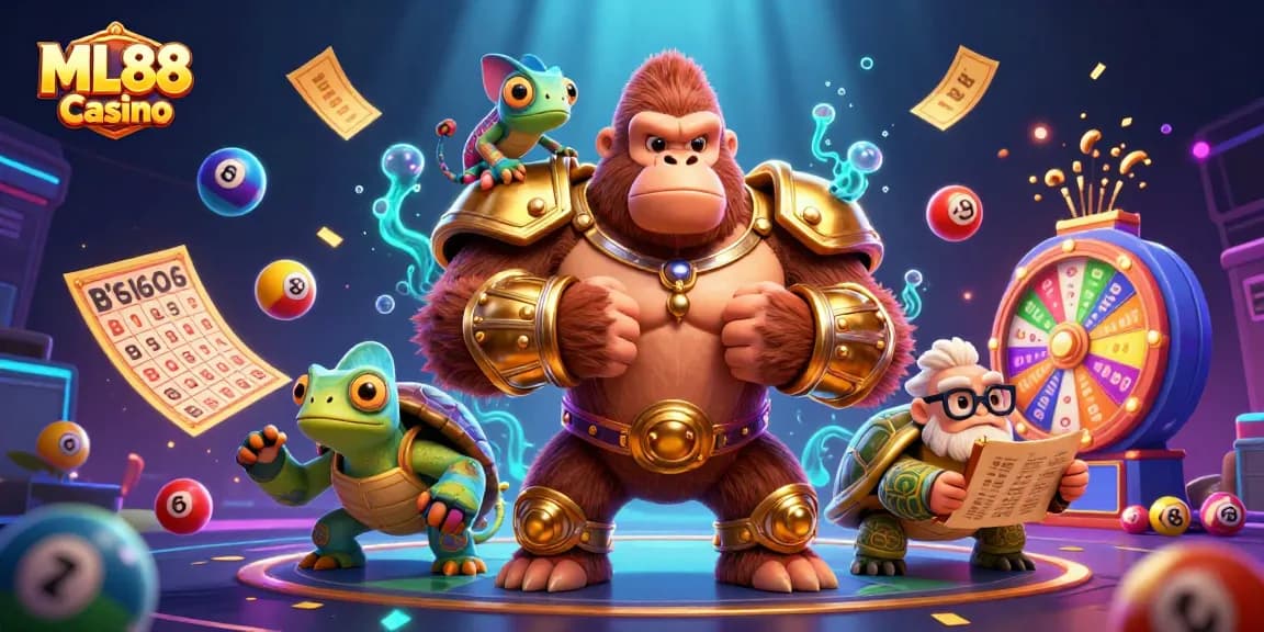 Experience vibrant gameplay at ML88 Casino with colorful lottery elements and unique characters in a dynamic scene.