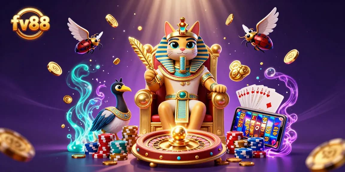 Experience winning at fv88's vibrant casino with pharaoh and scribe, surrounded by dynamic game elements.