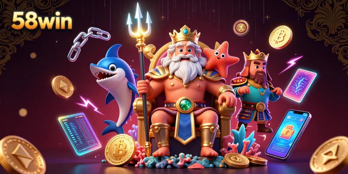 Join the excitement at 58win with Neptune and his guardians in a vibrant crypto casino scene.