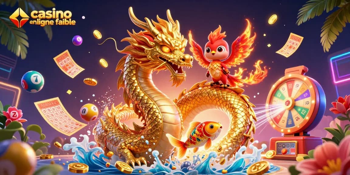 Profitez de l'excitation des jeux avec un casino en ligne fiable, dragon, phénix et pièces d'or en scène.