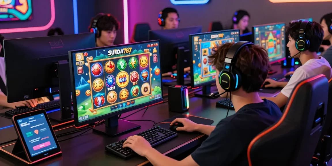 Engaging gaming scene featuring SUNDA787 logo as players enjoy interactive slot games in vibrant online setting.