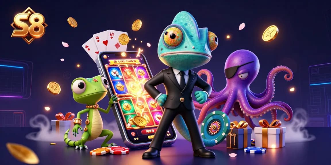 S8 casino promotional artwork featuring vibrant characters playing casino games and engaging with dynamic elements.