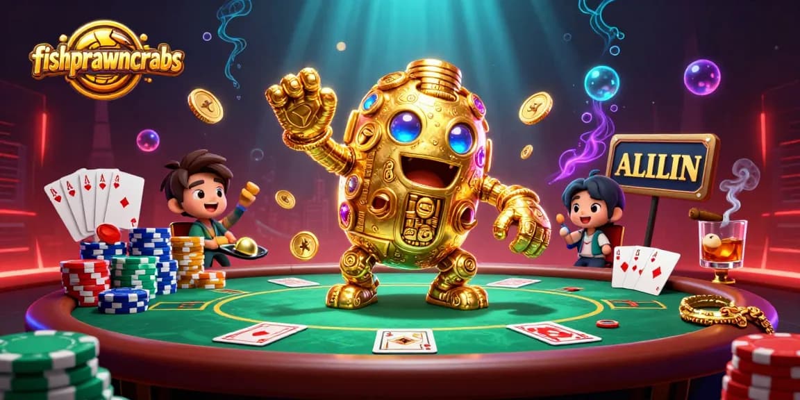 Engage with fishprawncrabs through vibrant casino gameplay featuring a golden golem and poker elements.