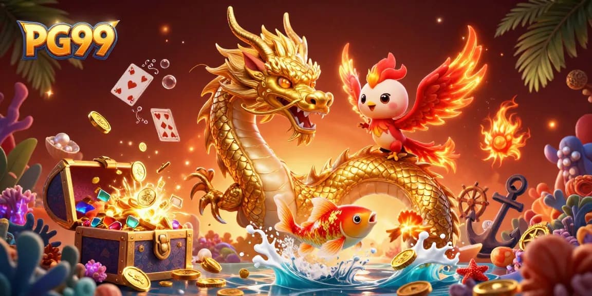 Experience the thrill of PG99 with a dynamic dragon, fiery phoenix, and lucky koi in an epic casino scene.