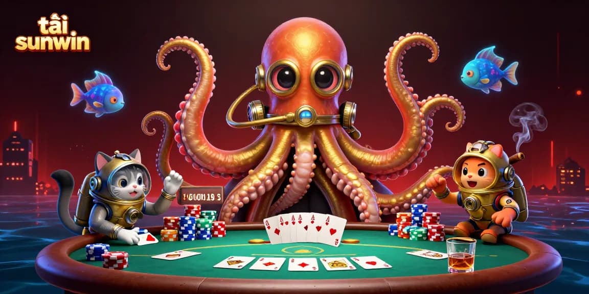 Tải sunwin: Engage with a vibrant casino scene featuring a kraken and cat amidst poker elements.