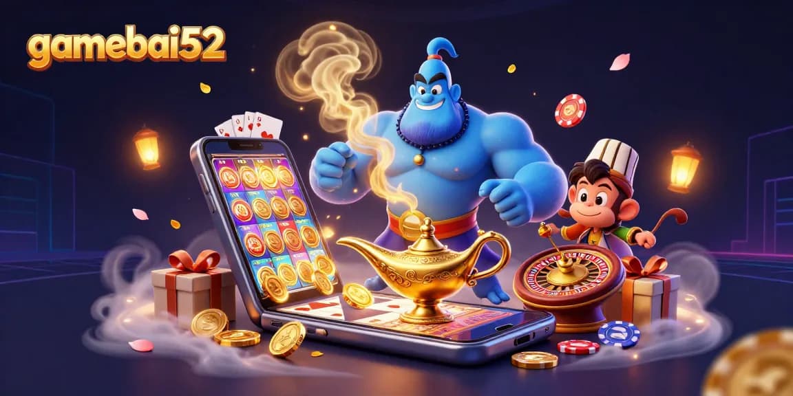 Play exciting games on gamebai52 with a lively scene of casino fun featuring a blue genie and poker elements.