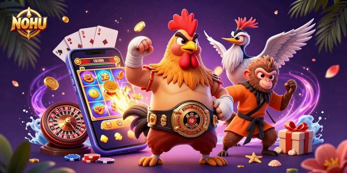Experience thrilling gaming action with NOHU, showcasing exciting characters amidst vibrant casino elements.