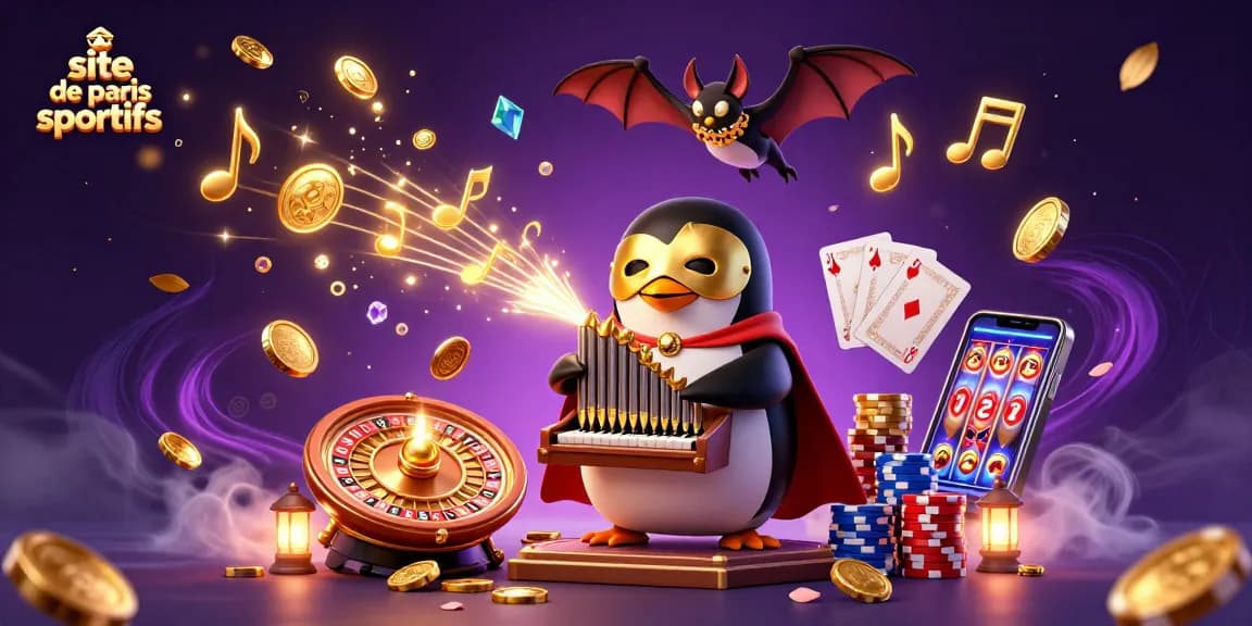 Image dynamique d'un site de paris sportifs avec un pingouin jouant un orgue fantastique, des pièces volantes, et un roi des jeux.