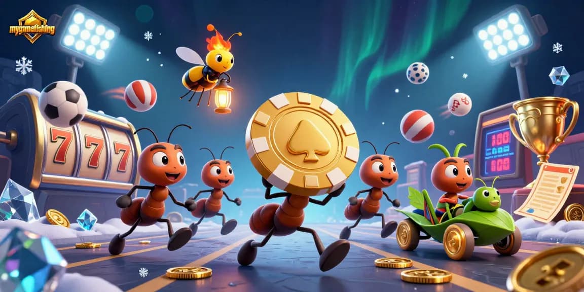 Join the mygamefishing heist with ants carrying a giant poker chip through a thrilling casino adventure!