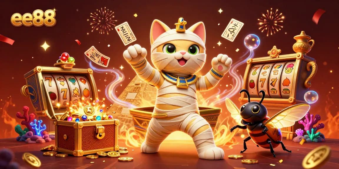Experience the excitement of ee88 with a dynamic 3D casino illustration featuring a mummy cat and treasures.