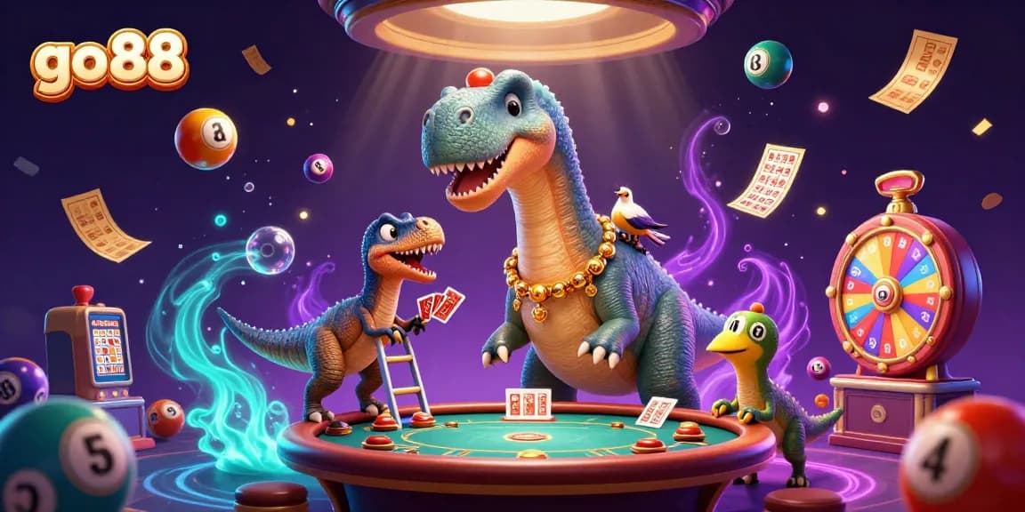Experience the excitement of go 88 as a raptor deals cards below a towering brontosaurus in a vibrant casino.