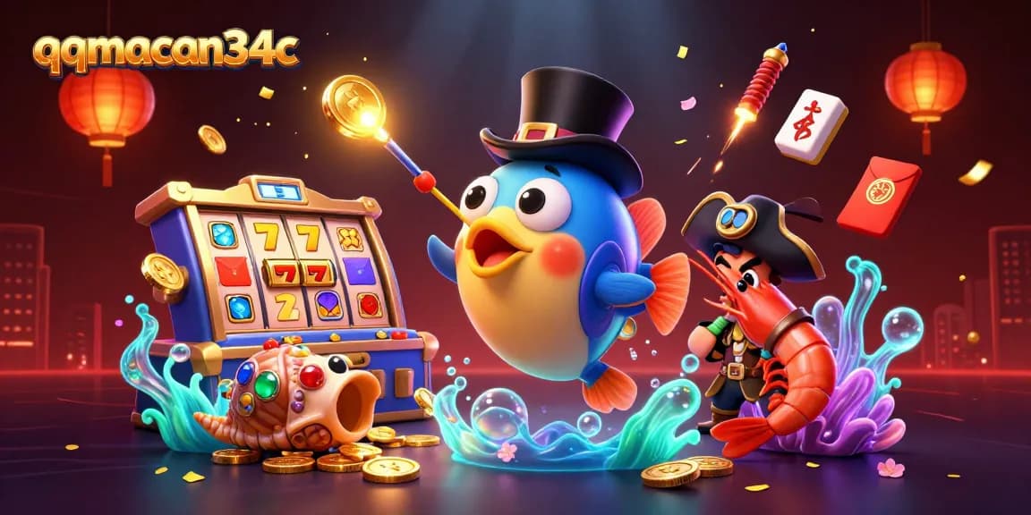 Experience the excitement of qqmacan34c with a vibrant 3D deep-sea casino adventure illustration.