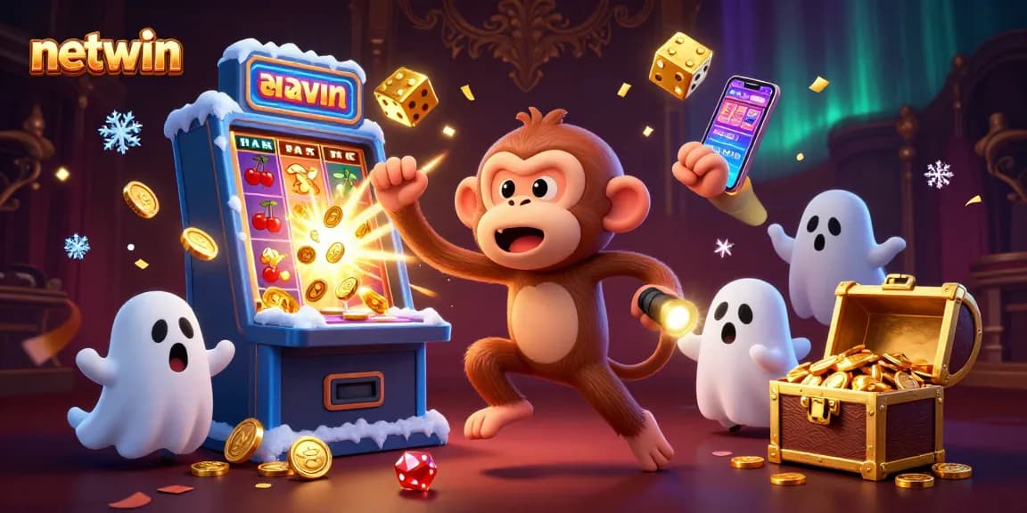 Catch the excitement at netwin as a poltergeist monkey juggles golden coins in a vibrant casino scene.