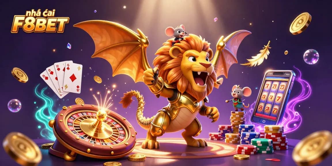 Experience the thrill at nhà cái F8BET with a vibrant casino scene featuring a triumphant chimera and exciting gaming elements.