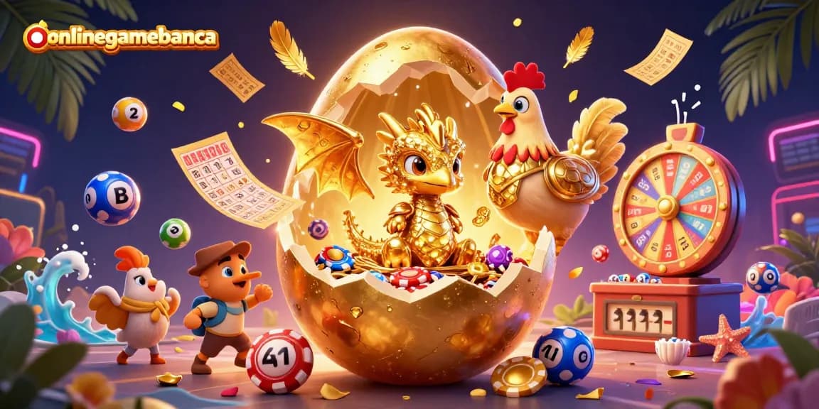 Experience the thrill of onlinegamebanca with golden dragons, poker chips, and vibrant lottery elements depicting a lively casino scene.