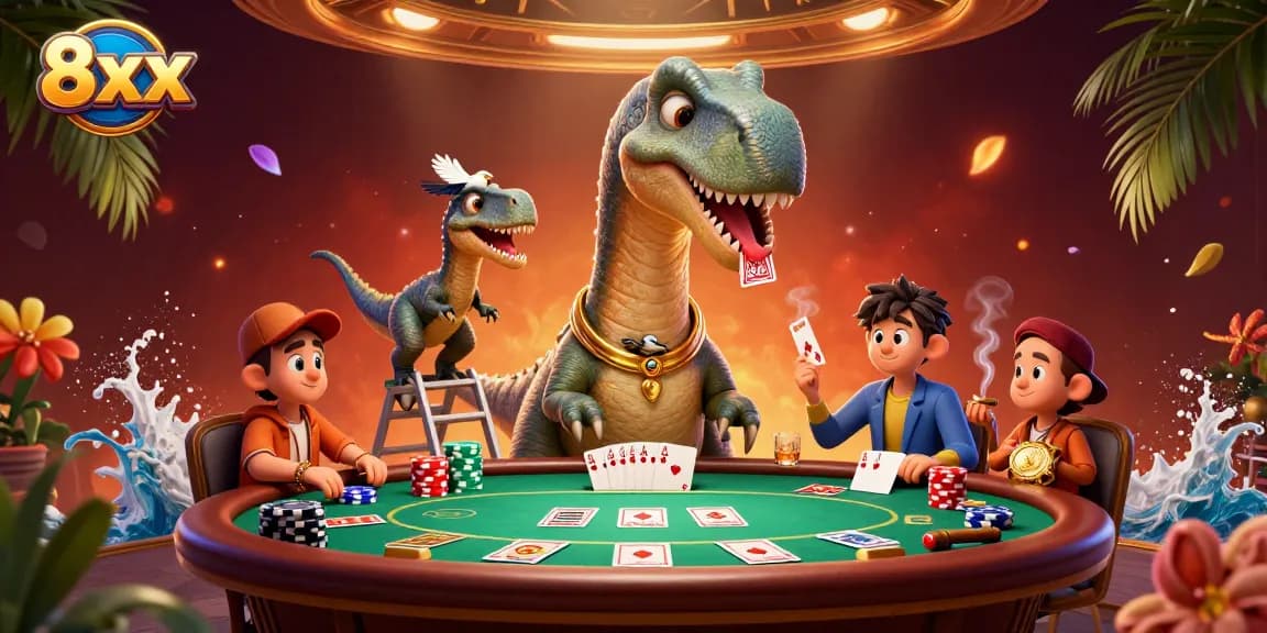 Engage in thrilling gameplay at 8xx with a lively poker scene featuring a giant brontosaurus.