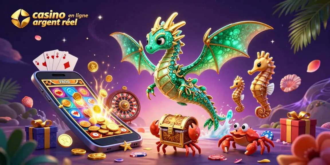 Le dragon de mer 3D émerge au cœur du casino en ligne argent réel, entouré de jeux animés et de trésors scintillants.