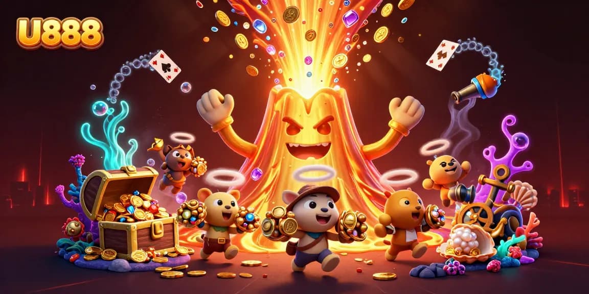 Experience exciting casino action with U888 as treasure erupts from a golden volcano scene.