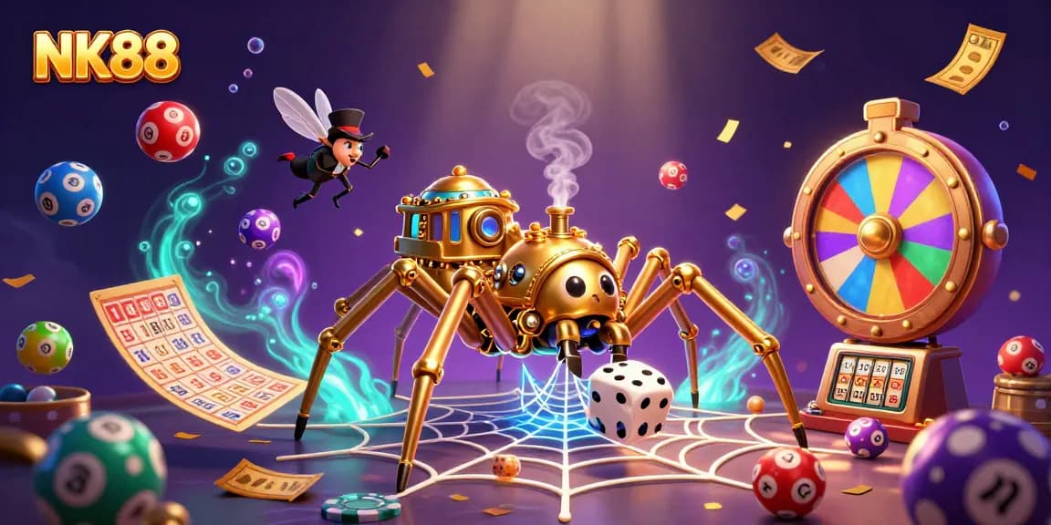 Join the excitement at NK88 with a steampunk spider capturing dice in an enchanted casino scene.